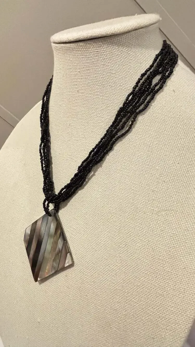 Vintage Multi-Strand Black Seed Necklace Inlaid Mother of Pearl